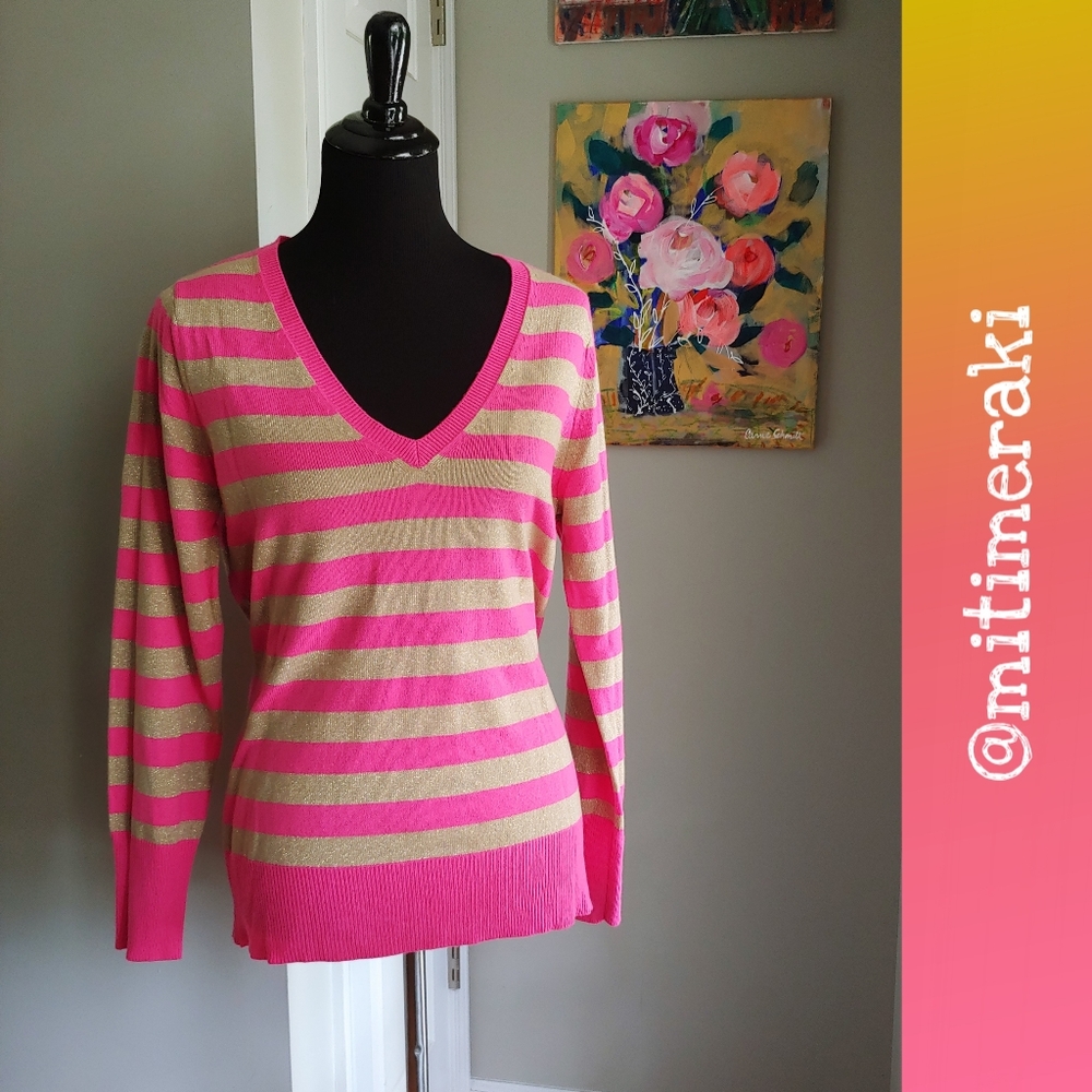 New York & Co. Striped V-neck Sweater Size Large